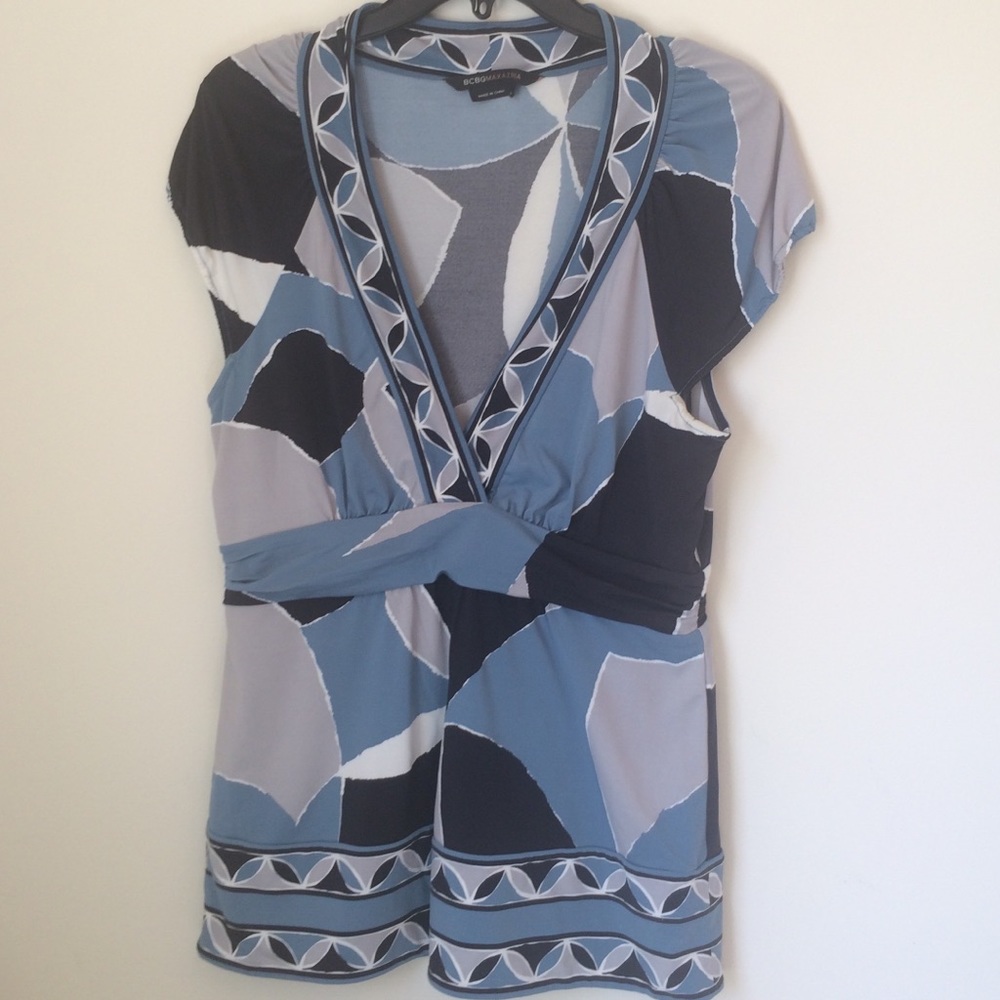 BCBG Printed-Blocked V-Neck Top